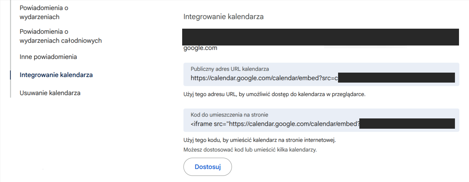 Sekcja integracji Kalendarza Google z unikalnym identyfikatorem kalendarza do skopiowania do Flowtly