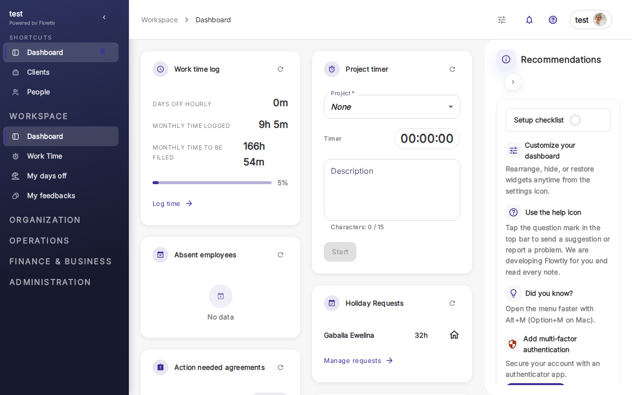 Dashboard Flowtly — fai clic sul tuo avatar per aprire il menu utente