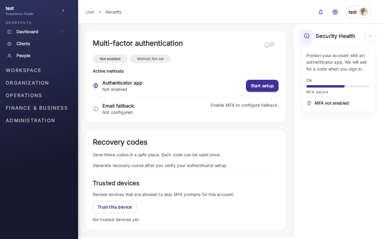 Pagina Autenticazione a più fattori in Flowtly