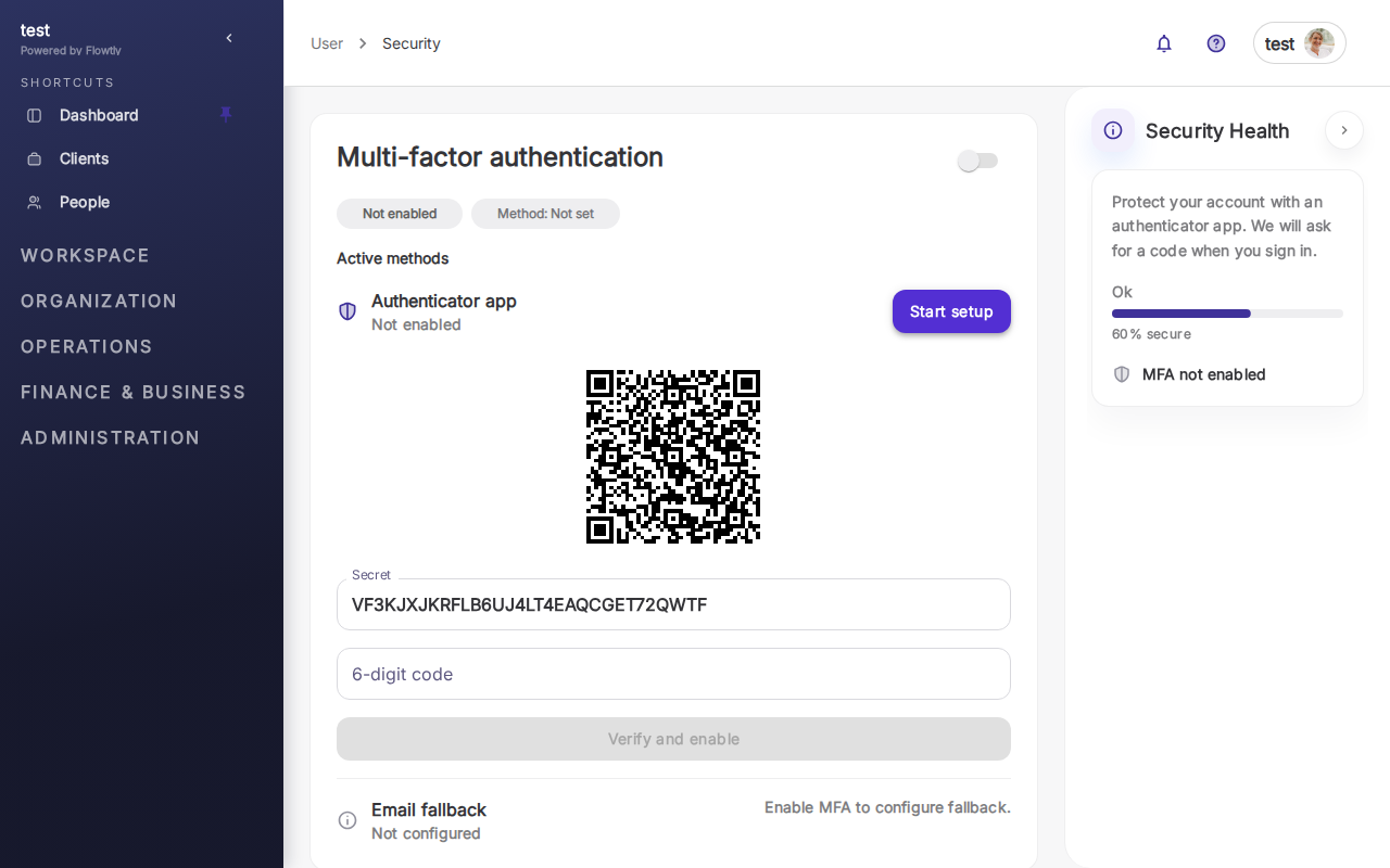 Codice QR e chiave di configurazione per MFA