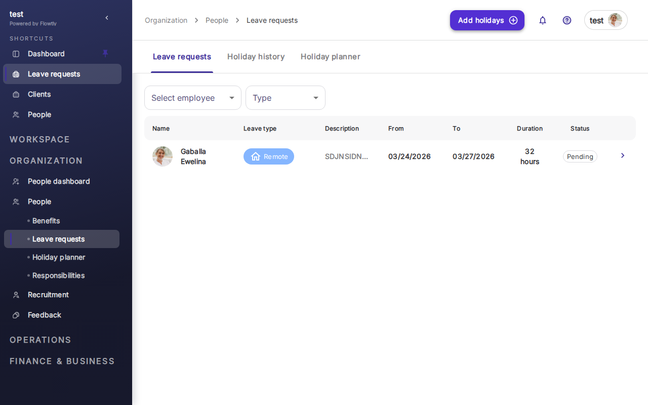Pagina delle richieste di assenza del team